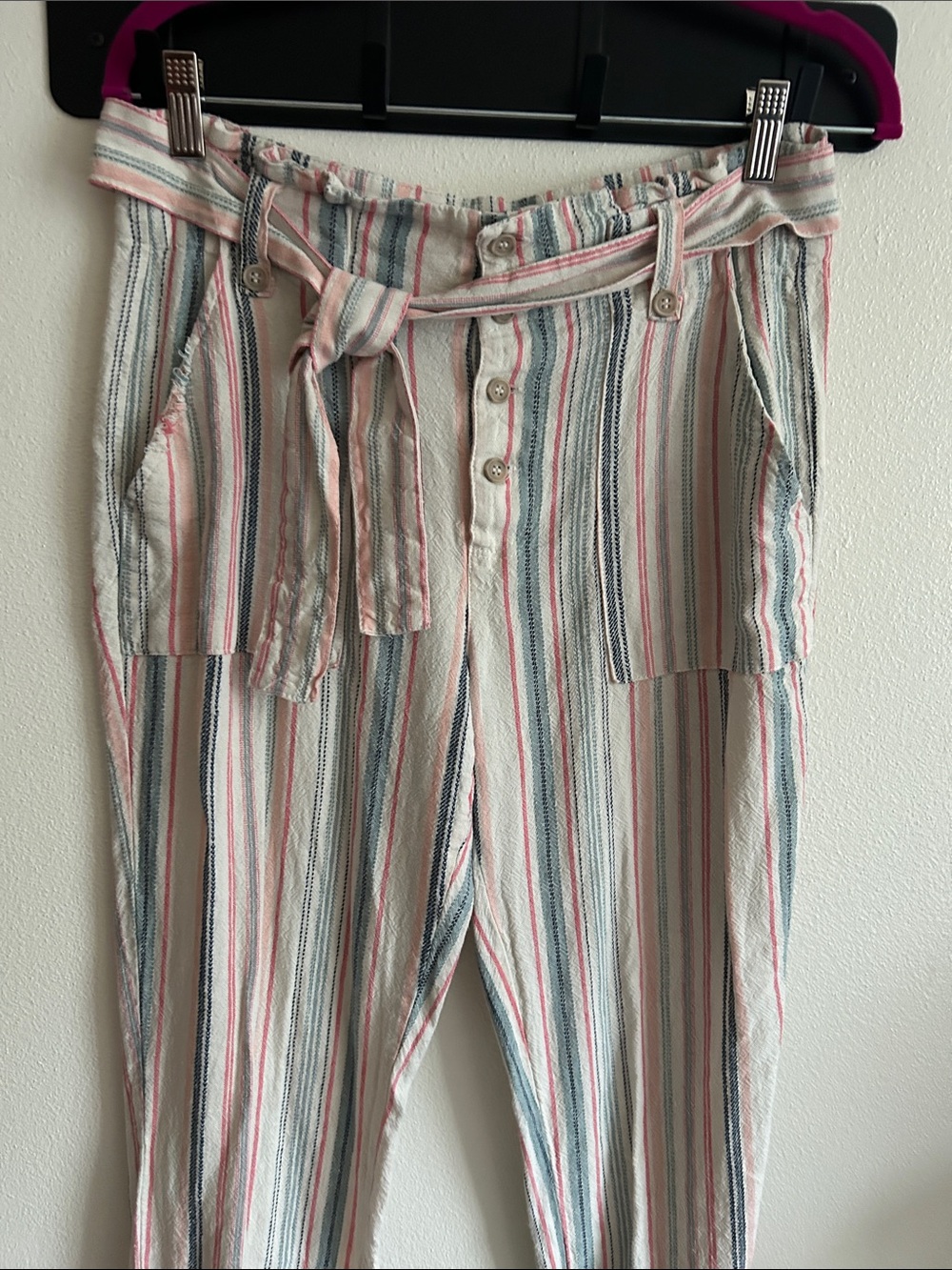 Indigo Rein Striped Paperbag Waist Jogger Pants in Cream, Pink & Blue